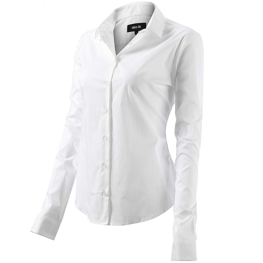 FLY HAWK Mujer Camisa Básica de Algodón - Camisa Blusa Casual de Algodón de Manga Larga Informal con Cierre de Botón Delgado Formal, Ideal para Oficina/Trabajo/Entrevista (EU42, Blanco)