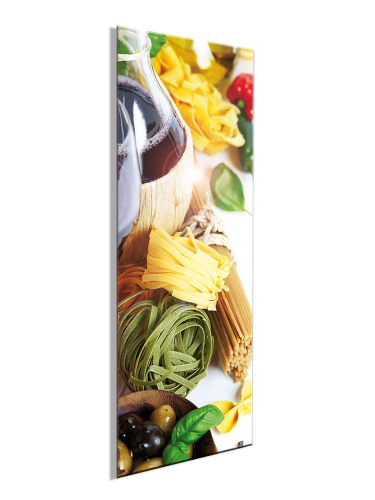 Glasbild Küche 30x80 cm Küchenbild modern: Pasta mit Oliven mediterran AG9405A – Wandbild Küche Hochformat schmal, Küchendeko gelb grün italienisch