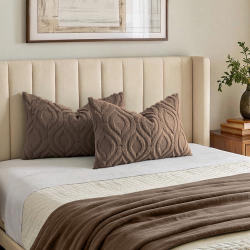 Image of decorUhome Fall Throw Pillow Covers 12x20 Inch Set of 2, Soft Plush Faux Wool Brown Solid Couch Pillow Covers, Accent Farmhouse Neutral Rectangle Pillow Cases for Sofa Bed Living Room