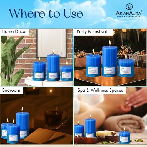 Image of ASIAN AURA Ribbed Pillar Candles - Pack of 3 | Scented Candles for Home Decor, Gifting & Festive Use | Long Burn time up to 36hrs | Clean-Burning Wax & Smokeless Flame (Ocean Breeze)