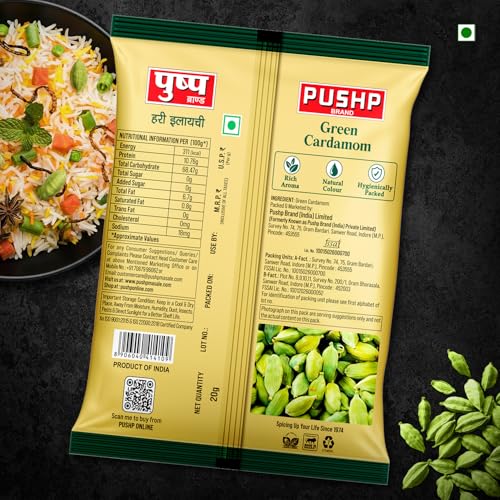 Image of Pushp Green Cardamom Whole Elaichi 20 g | 8-9mm Size | Pack of 1 |Sabut Hari Elaichi | Rich Aroma & Natural Freshness | Source from kerala |