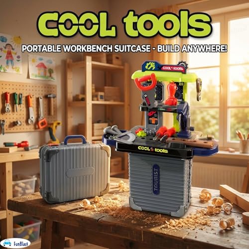 Image of FunBlast Kids 3 in 1 Tool Kit Suitcase with Workbench - Pretend Play Tool Set for Boys, Portable Engineer Toy with Tools, DIY Construction Playset Gift for Kids 3-8 Years (Small-30 Pcs)