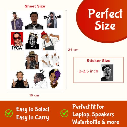 Image of Pack of 52 - Hip Hop Rappers Vinyl Self-Adhesive Stickers For Laptop, Journal, Guitar, Mobile Phone - Waterproof Residue Free Stickers - Tupac, Mc Stan, Eminem, Divine, 5.1x7.6x5.1cms