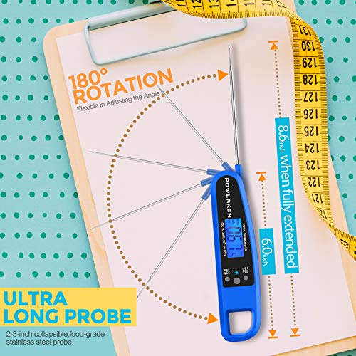 Powlaken Meat Food Thermometer for Grill and Cooking, Instant Read Waterproof Digital Kitchen Thermometer Probe for Grilling Smoker Oil Deep Fry Candy (Blue)