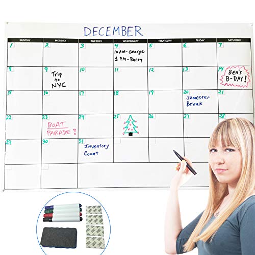 Large Dry Erase Monthly Wall Calendar 24" x 36" Inches, Undated & Reusable