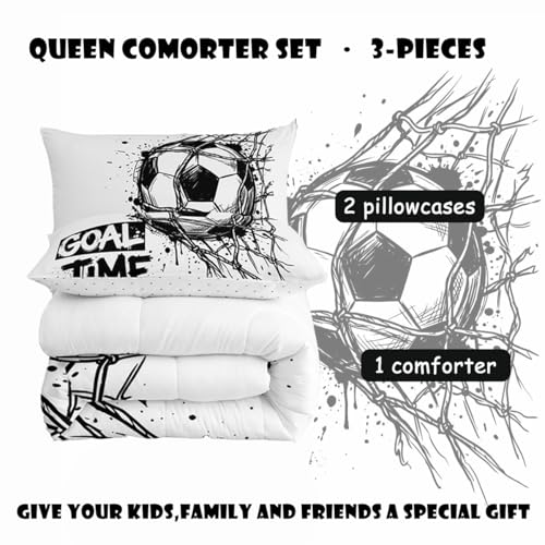 Image of Feelyou Soccer Comforter Set All Season Football Sports Bedding Set with 2 Pillow Cases Soccer Ball Game Microfiber Kids Queen Bedclothes Bedroom Decor Duvet Quilt Breathable Soft Lightweight
