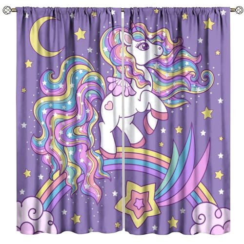 JanJCurt Cartoon Unicorn Curtains for Girls, Fantasy Purple Starry Sky Cute Rainbow Cloud Stars Print Window Curtains for Kids Children's Bedroom Living Room 55