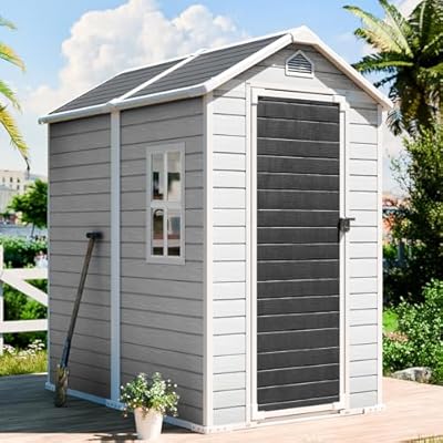 CDCASA 6x4 FT Outdoor Storage Shed, Waterproof Resin Shed with Floor & Lockable Door & Window & Vents, Plastic Tool Shed for Outside, Backyard, Patio, Poolside, Dove Grey