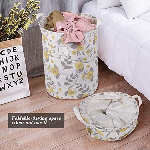 Uujoly Collapsible Laundry Basket, Laundry Hamper With Handles Waterproof Round Cotton Linen Laundry Hamper Printing Household Organizer Basket, 19.7X15.7 Inches, Yellow #TOP2