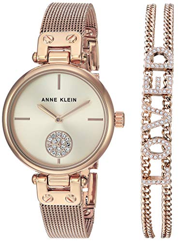 Anne Klein Women's Premium Crystal Accented Rose Gold-Tone Mesh Watch and Bracelet Set, AK/3552RGST