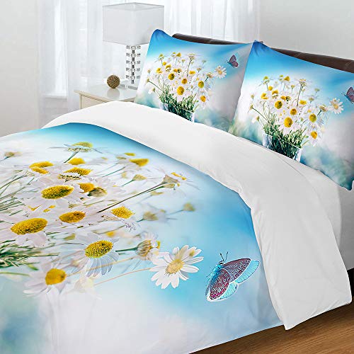 Parure de lit 200x200 marguerite en microfibre avec 2 taies ciel