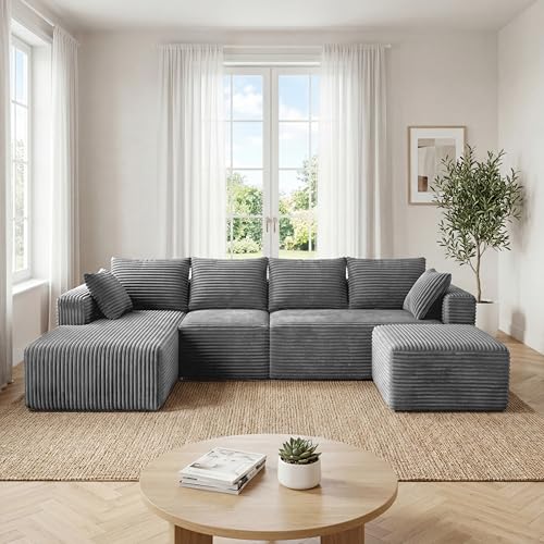 Image of 118 inch Modular Sectional Sofa with Chaise and Ottoman, Oversized U-Shaped Corduroy Cloud Couch, Deep Seat Boneless Couch for Living Room, No-Assembly - Grey(Left Facing Chaise)