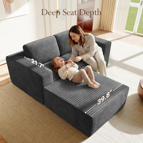 Image of Vesgantti 80 inch Modular Sectional Sofa, Corduroy Cloud Couch with Deep Seats & Spring Support, Compact 2 Seater Boneless Couch, L-Shaped Modular Sofa for Small Spaces, Apartments, No Assembly, Grey