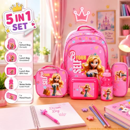 Image of Combo Set for Girls - 5 in 1 Back to School Hamper with Backpack, Lunch Bag, Tiffin Box, Water Bottle & Pencil Pouch - Complete School Essentials Gift Set for Kids (Pink Bag)