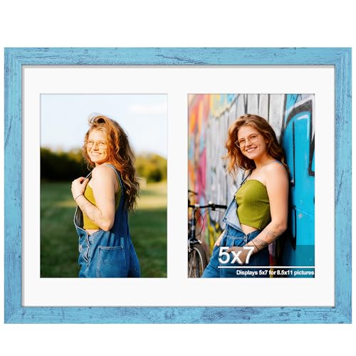 Image of DUENPY 8.5x11 Double 5x7 Picture Frame Double Picture Frame Displays Two 5x7 inch Photos Available Horizontal Wall Mounting Display and Vertical Blue