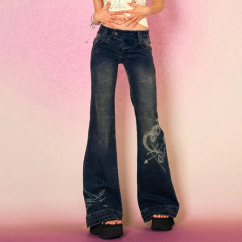 Y2K Grunge Pants Fairycore Vintage Low Rise Flared Jeans Women Vintage Aesthetic Heart Printed Denim Trousers4