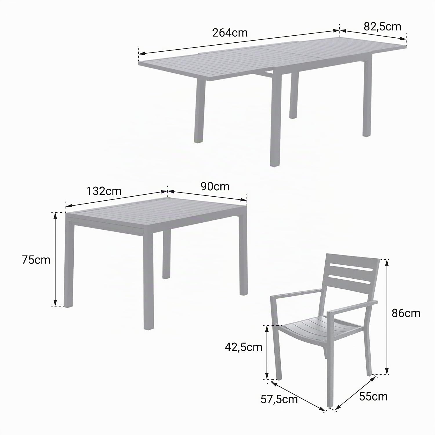 Happy Garden Salon de Jardin Venezia Extensible 132/264 en Aluminium Anthracite - 10 Places