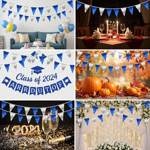 Image of 130FT Navy Blue Silver Triangle Pennant Banner Flag Metallic Fabric Bunting Garland for Christmas Graduation Birthday Wedding Bridal Shower Nautical Ahoy Achor Theme Party Decorations Supplies