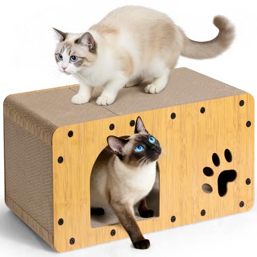 Gimars XXL Griffoir pour Chat 2 en 1 Maison et Grattoir en Carton Robuste, Grand Format 59,5×29,5×28 cm, Capacité 20 kg, Idéal pour Se Cacher, Gratter et...