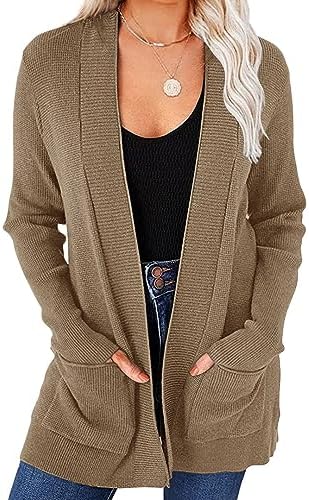 MEROKEETY Women's Fall Winter Cardigan Sweaters Lightweight Open Front Waffle Knit Sweaters with Pockets