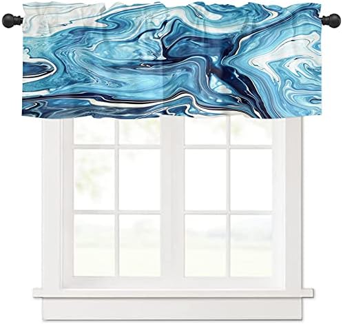 Valance Curtains for Kitchen Windows Marble Navy Blue Ink Painting Short Window Valances Treatment Rod Pocket Valance for Bathroom Bedroom Laundry Room 54x18in , 1 Panel