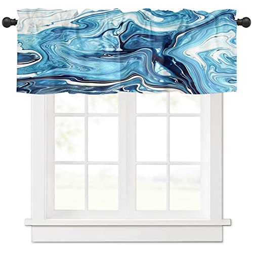 Valance Curtains For Kitchen Windows Marble Navy Blue Ink Painting Short Window Valances Treatment Rod Pocket Valance For Bathroom Bedroom Laundry Room 54X18In , 1 Panel #TOP14