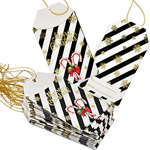 50 Pack Christmas Card Gift Holder Tags with Ribbon Tie Strings Attached Gold foil Holiday Design Write On to and from Name Tag Labels for Gift Bags Wrapping Presents & Packages by Gift Boutique