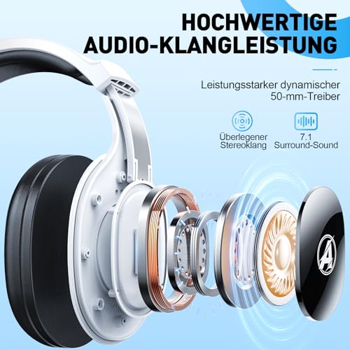 Awinnasey PH1 Wireless Gaming Headset for PS5, PS4, PC -2.4 GHz Bluetooth Gaming Headphones with Noise-canceling Mic,Low Latency,Gaming Headset wih LED light,7.1 Surround Sound,Cream White