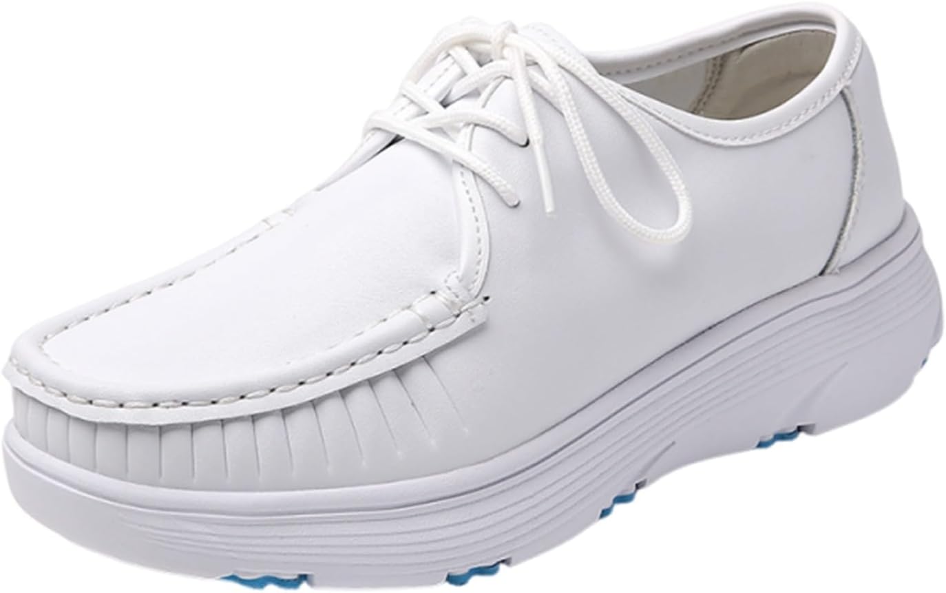 Womens Lace up Slip-On Breathable Working Soft Sole Platform Nursing Shoes, Lightweight Air Cushion Orthopedic Leather Non Slip Wedge Shoes, Ideal for Nurse Healthcare Crews