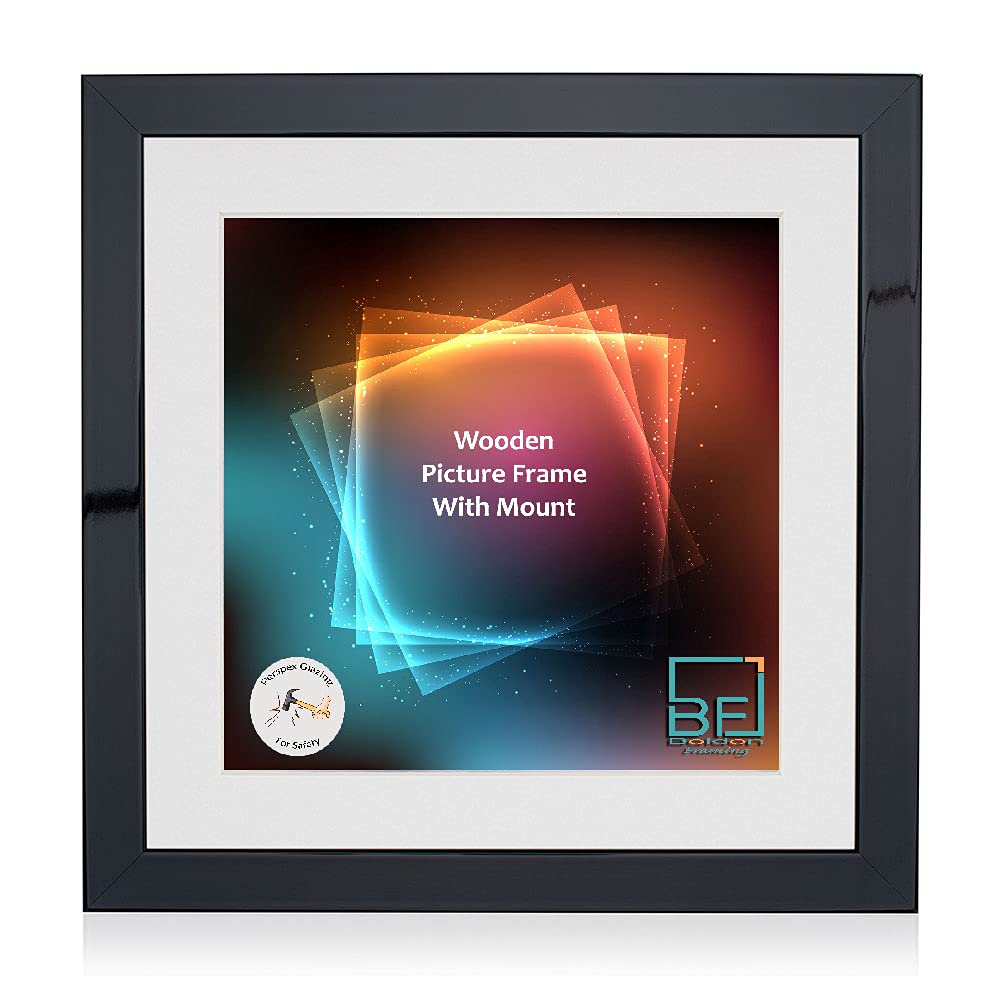 Boldon Framing - Black Gloss, Square Thin Photo Frame in Solid Wood with White Wall Mount, 40x40cm- Pic Size 30x30cm Picture Display