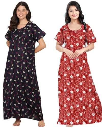 Image of Women Cotton Nighty Combo Pack of 2, Printed Maxi Nighty Gown, Short Sleeve Cotton Nightdress, Soft Breathable Ankle Length Sleepwear Nightwear for Ladies, Free Size