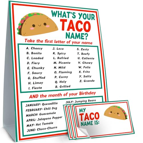 cidobi What is Your Taco Name Game, Taco Birthday Party Game, 1 Taco Name Game Double Sided Sign, 30 Name Stickers, Games for Party Activity Decoration