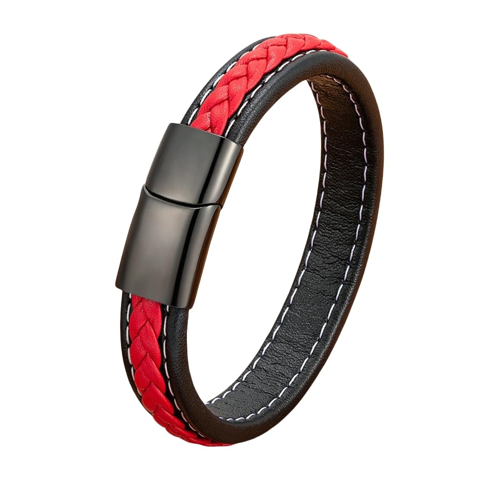 HUIANGLIYG Pulsera Cuero Hombre,Pulsera Sencilla de Cuero Rojo para Hombre, Brazalete de Piel de Vaca Negra Trenzada y Cosida con Cierre, Pulsera Informal Apilable, Regalo para Niños, Accesorios pa