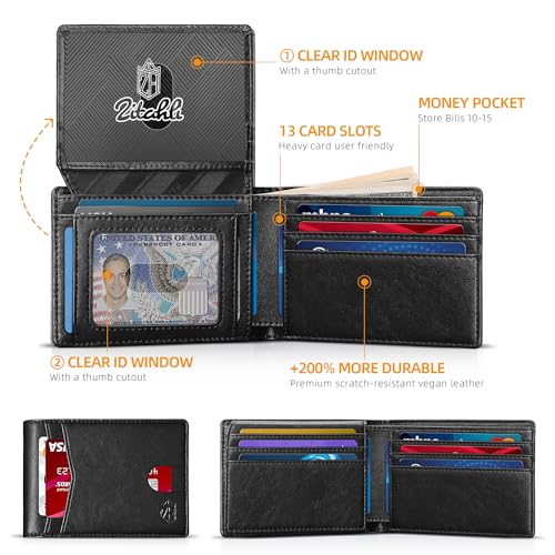 Zitahli Men's Wallets 15 Card Holder Slim Rfid blocking Wallet for Men Leather 2 ID Window With Gift Box2