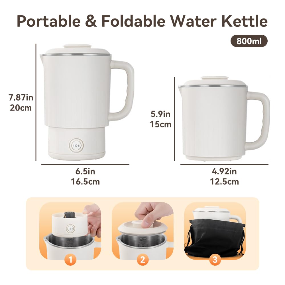 Bouilloire électrique de voyage en acier inoxydable 304 Petite bouilloire portable pliable pour l'eau bouillante Camping Voyage avec 2 vitesses 600 ml 600 W