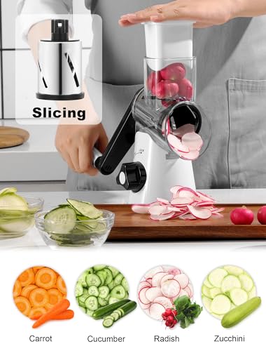Image of Cheese Grater Rotary, Rotary Grater for Kitchen, Kitchen Grater Vegetable Slicer with 3 Drum Blades, Fast Cutting Cheese Shredder for Vegetables and Nuts
