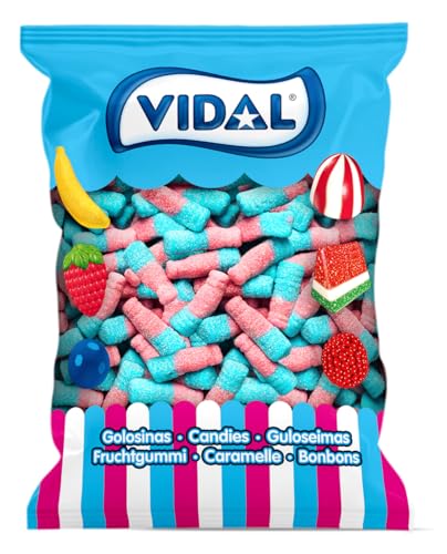 Vidal Golosinas. Botellas Tutti. Golosina con forma de botella sabor tutti y una efervescente cobertura ácida. Colores azul y rosa. Sin Gluten. Sin Grasa. Bolsa de 250 unidades.