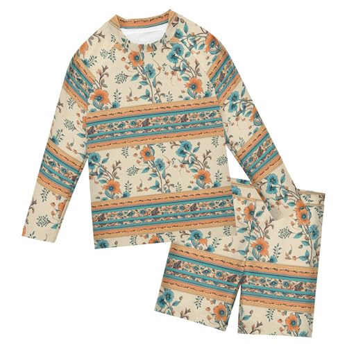 Boho Bohemian Flowers Boys Rash Guard Swimsuits Set for Boys Long Sleeve Swim Shirts Bathing Suits B0402730