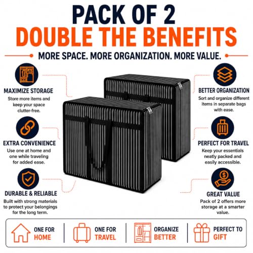 Image of PulGos Pack of 2 Extra Large Clothes Storage Bags | Heavy Duty Wardrobe Organizer | Reinforced Handles | Dual Zipper Closure | Reusable Moving & Storage Bag | Ideal for Travel, Shifting & Organization