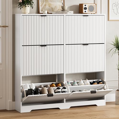 Image of HUANLEGO Shoe Cabinet Storage for Entryway with 6 Flip Drawers, White Fluted Shoe Cabinet with Adjustable Shelves, Wooden Hidden Shoe Rack Freestanding Narrow Slim Shoes Storage for Hallway, Entrance