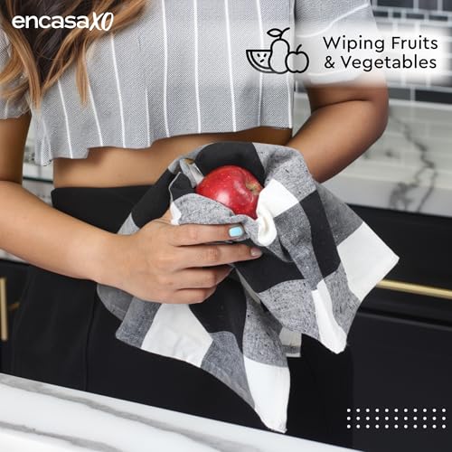 Image of Encasa XO Kitchen Towels Cotton Pack of 4 | 70x45 cm, Buffalo Black Checks - Dish Cloths | Highly Absorbent Cleaning & Wiping Cloths for Kitchen | Reusable Tea Towels