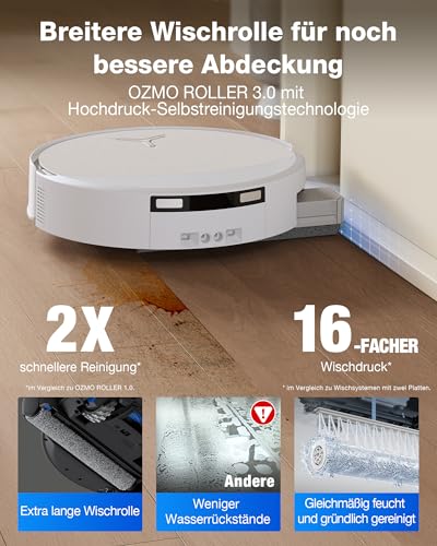 ECOVACS DEEBOT T90 Omni Saugroboter mit Wischfunktion, Roboterstaubsauger 30.000 Pa, OZMO-Roller 3.0, Triple Lift, TruePass 4WD, AIVI 3D 4.0, Haustierpflege, Frischwasser-Hochdruckreinigung, Weiß