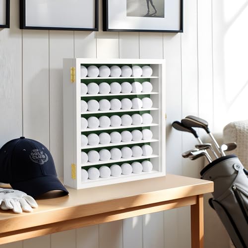 Image of TJ.MOREE Golf Ball Holder Display Case for 49 Balls, Wall Mount, White Wood | Acrylic Front, Metal Door Lock, Soft Lining, Gift for Men