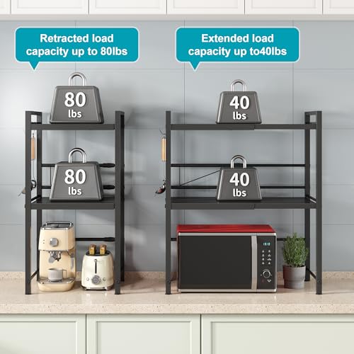 Image of DOLALIKE Expandable Microwave Rack, Countertop Kitchen Utensils Tableware Storage, Carbon Steel 3 Tier Shelf with 3 Hooks
