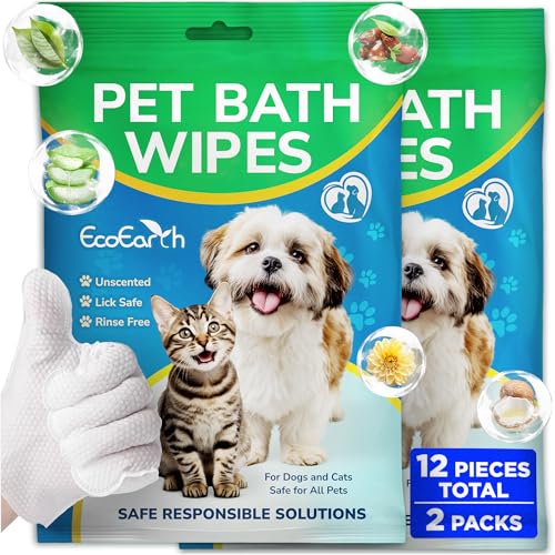 EcoEarth - Premium Pet Wipes for Dogs & Cats - 12 Gloves - Disposable Washing Mitt for Bath & Grooming - Clean Paws Fur Face Ears Rear & Body - Hypoallergenic Lick-Safe Waterless Cleaning