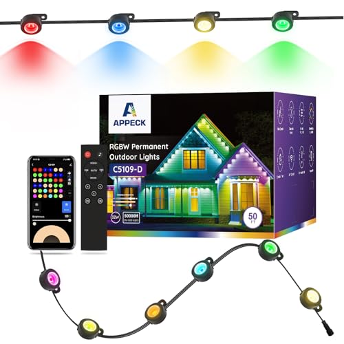 Image of APPECK Permanent Outdoor Lights 50ft with 36 RGBW LEDs, DIY Scene Modes, LED Eaves Lights Waterproof with App Control, for Daily Holiday House Decorations, Voice /Remote Control, Black