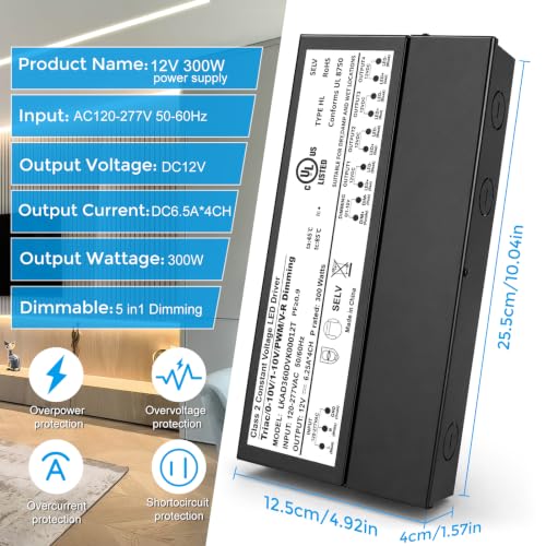 Image of 12V 300W Dimmable LED Driver, 5-in-1 Triac /ELV /MLV /0-10V /1-10V /PWM /V-R Dimming AC to DC Power Supply, IP67 Waterproof LED Transformer, UL Listed, Compatible with Lutron & Leviton Dimmer