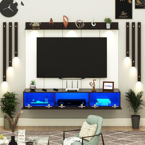 Image of Anikaa RayzaPro Engineered Wood Wall Mount TV Unit with PVC Back Panel, Acrylic Blue LED Storage Box, Side Wooden Accent Spot Light Panels I Deal for Up to 50 Inch TV (Wenge - DIY Installation)