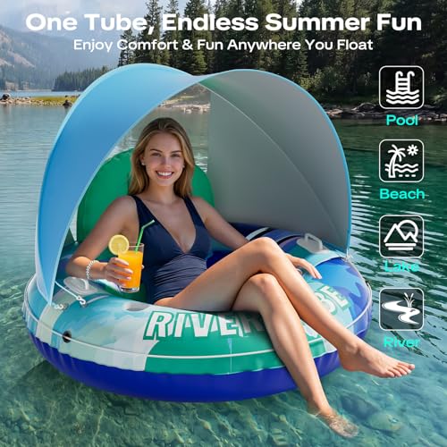Image of Verdenu Inflatable River Tube Float with Detachable Canopy, Heavy Duty River Float for Adults, Large Pool Float with Backrest & Cup Holder for Lake, River, Pool