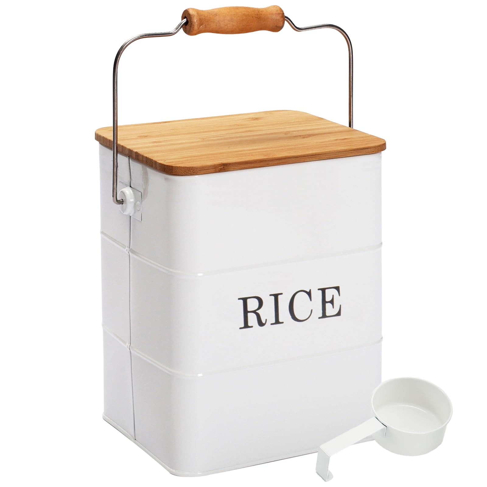 Contenitore per riso da 10 l, in metallo con coperchio in bambù e cucchiaio, contenitore ermetico per riso e cereali, colore: bianco